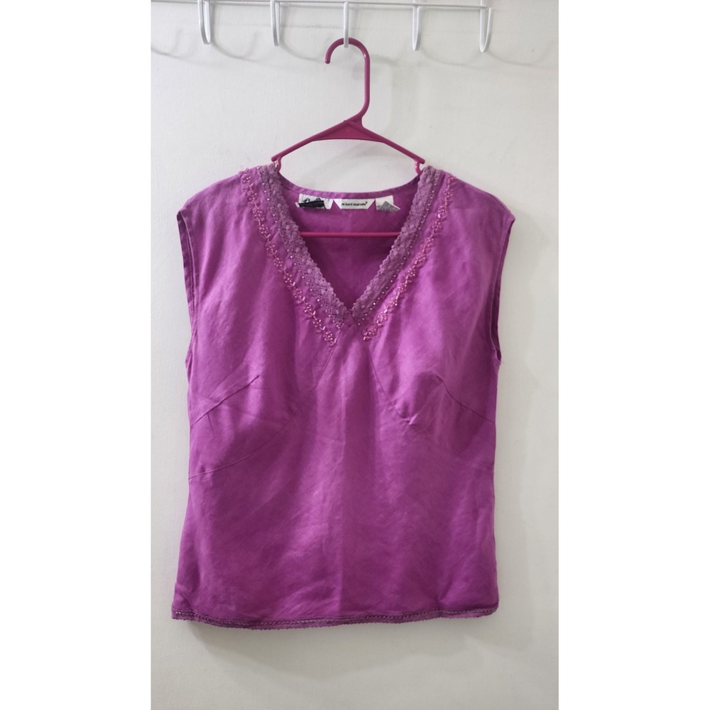 Richard Malcolm Purple Irish Linen V-Neck Beaded Crochet Trim Sleeveless Top M